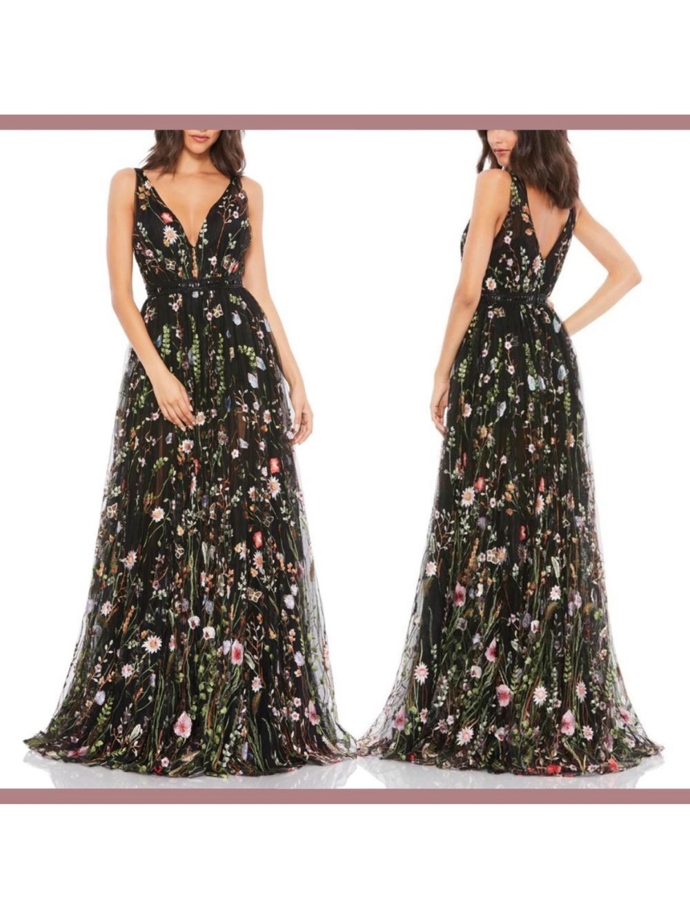 Mac Duggal Black Floral V-Neck Embroidered Maxi Gown